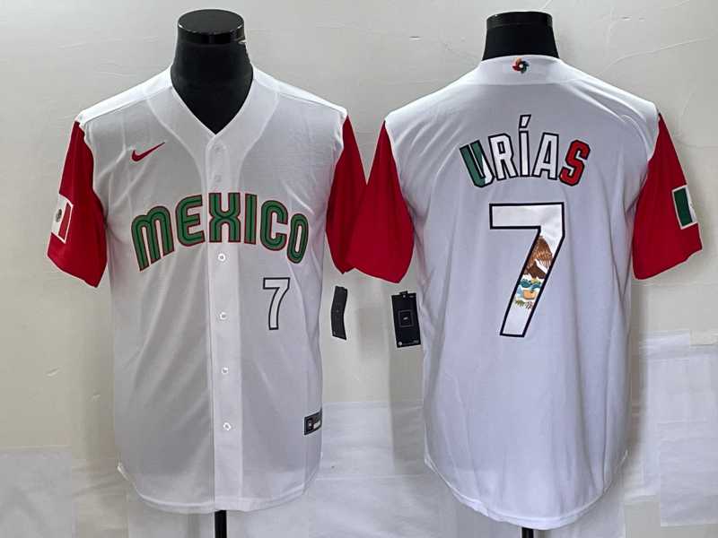 Men%27s Mexico Baseball #7 Julio Urias Number 2023 White Red World Classic Stitched Jersey9